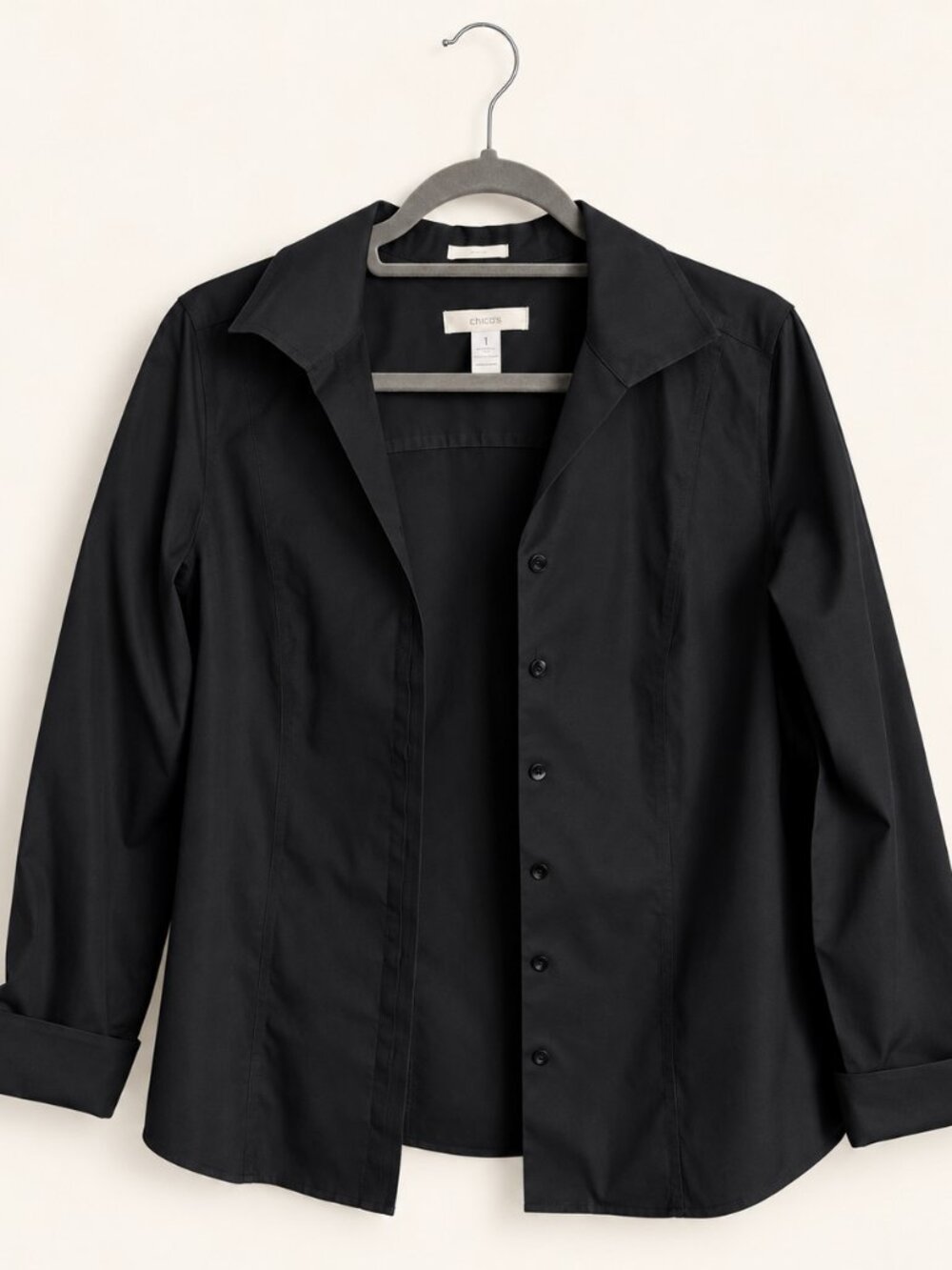 Chico's Black Collared Button-Up Shirt Shaped Waist Size 1